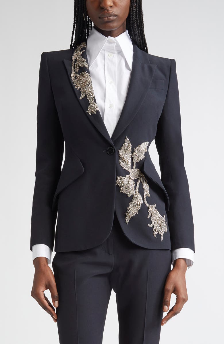 McQueen Banshee Embroidery Leaf Crepe Blazer, Main, color, Black