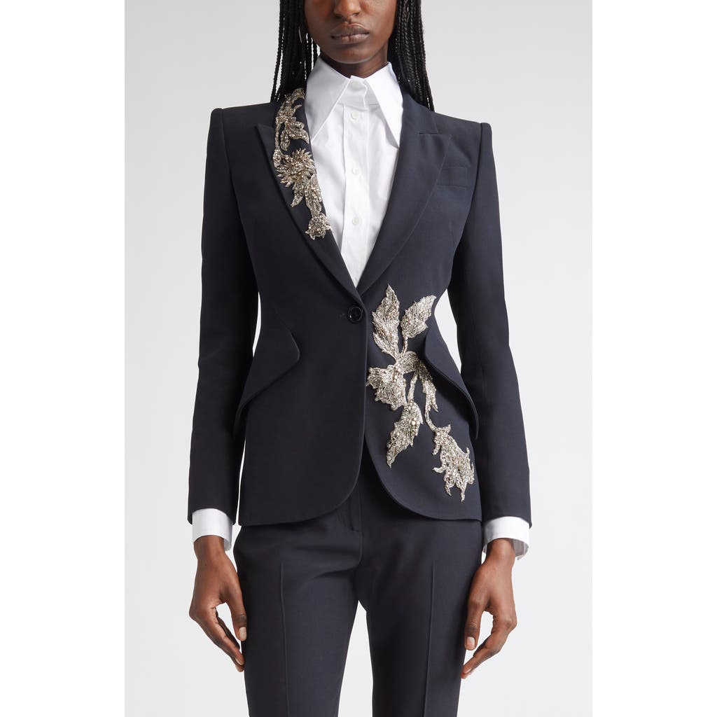 Alexander Mcqueen Floral Crystal One-button Crepe Blazer In Black
