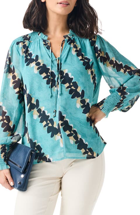 Rolling Reef Print Tie Neck Top