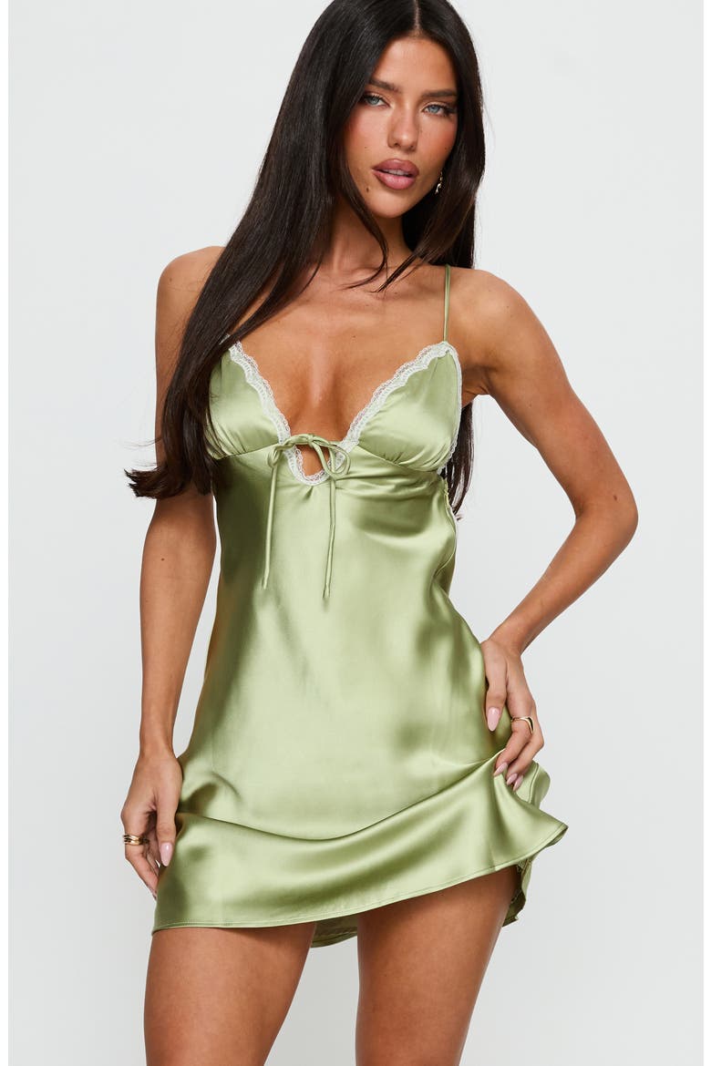 Jasminda Lace Trim Satin Minidress, Alternate, color, GREEN