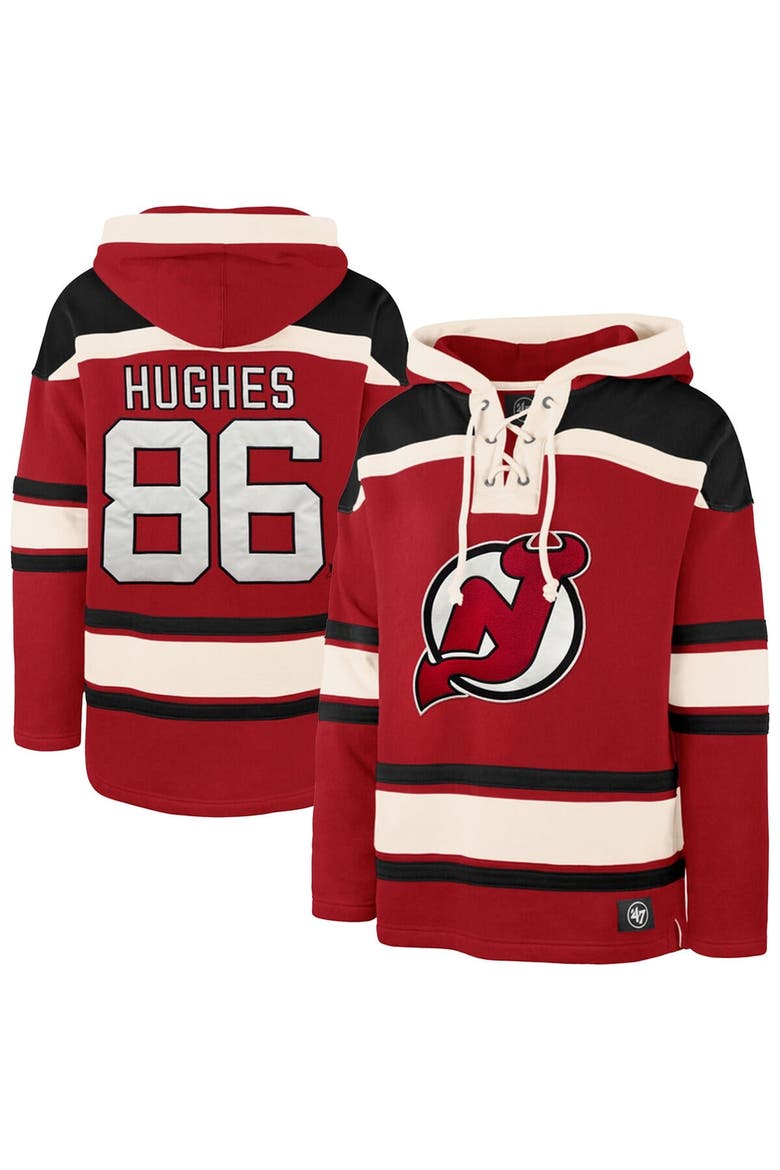 Men's '47 Jack Hughes Red New Jersey Devils Big & Tall Lace-up Pullover Hoodie, Main, color, Red
