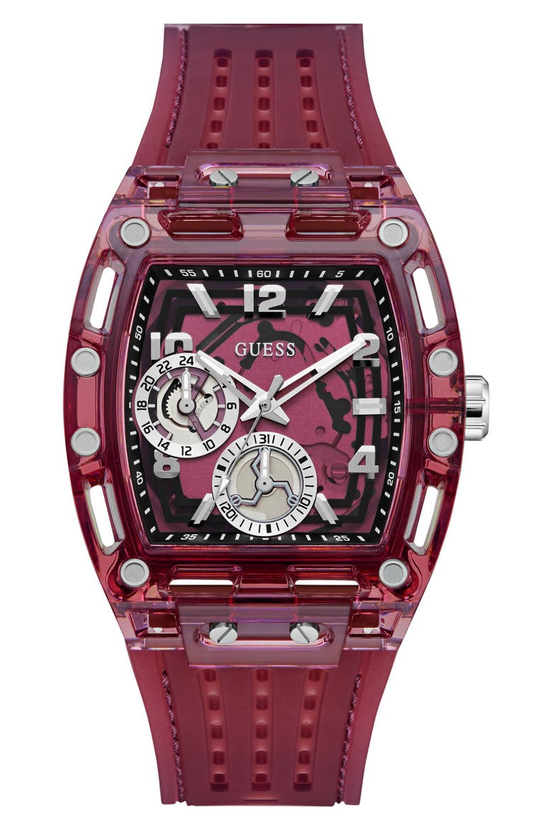 Phoenix Translucent Tonneau Multifunction Silicone Strap Watch, 42mm x 45mm, Main, color, RED