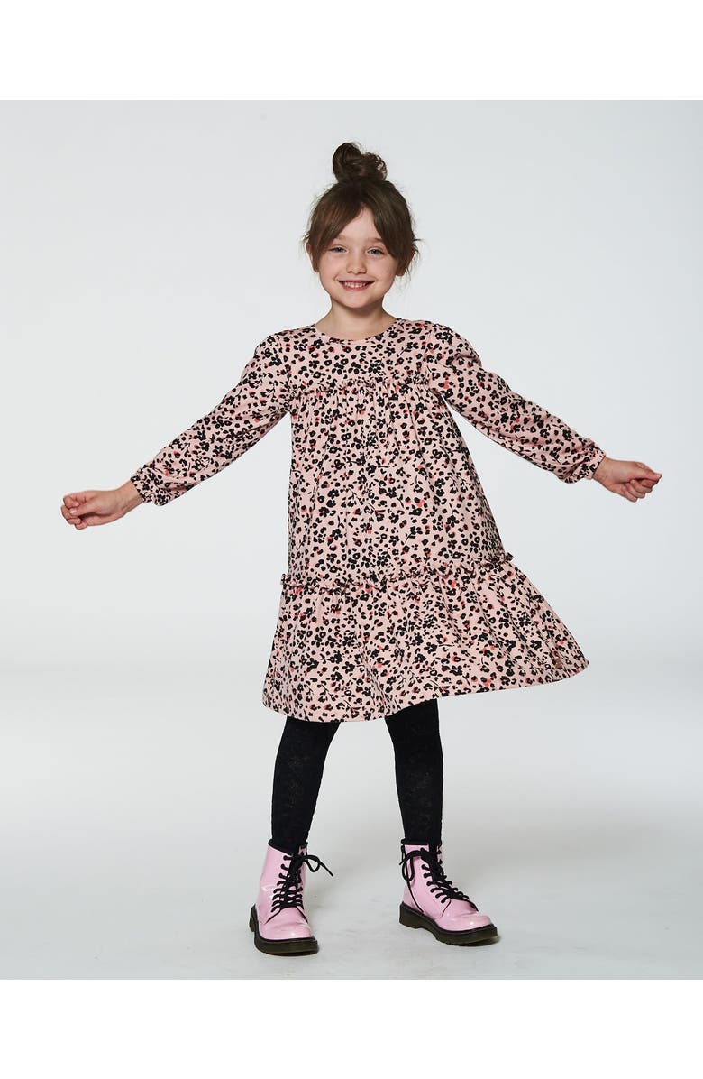 Deux par Deux Girl's Long Sleeve Dress With Frills Pink Printed Leopard Flowers, Alternate, color, 