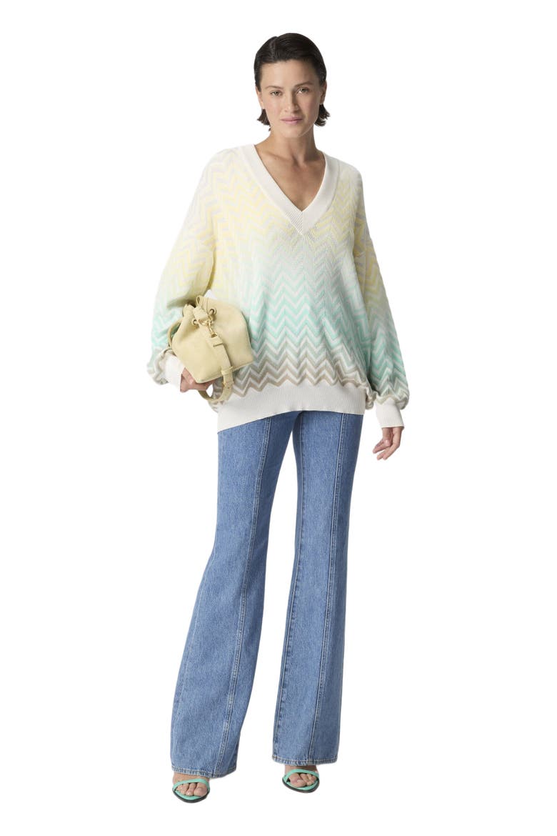 V-neck Pullover In Cotton And Viscose Chevron Dégradé, Main, color, Light Blue& Yellow