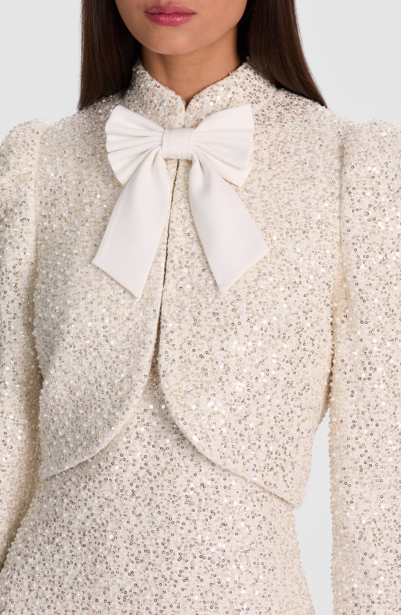 Alice + Olivia Ilaria Sequin & Bead Embellished Crop Jacket with Bow, Alternate, color, Off White