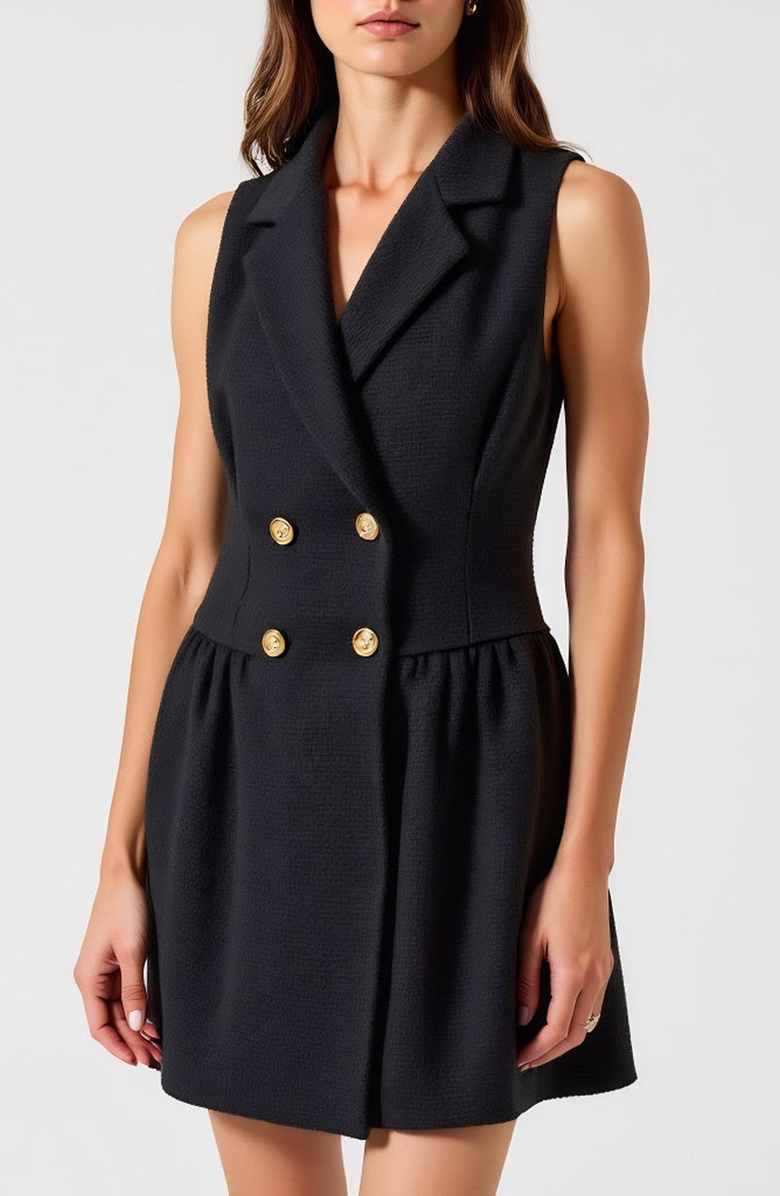 Modenaire Sleeveless Blazer Dress with Double-Breasted Boucle Tweed and Flared Hem, Alternate, color, Black