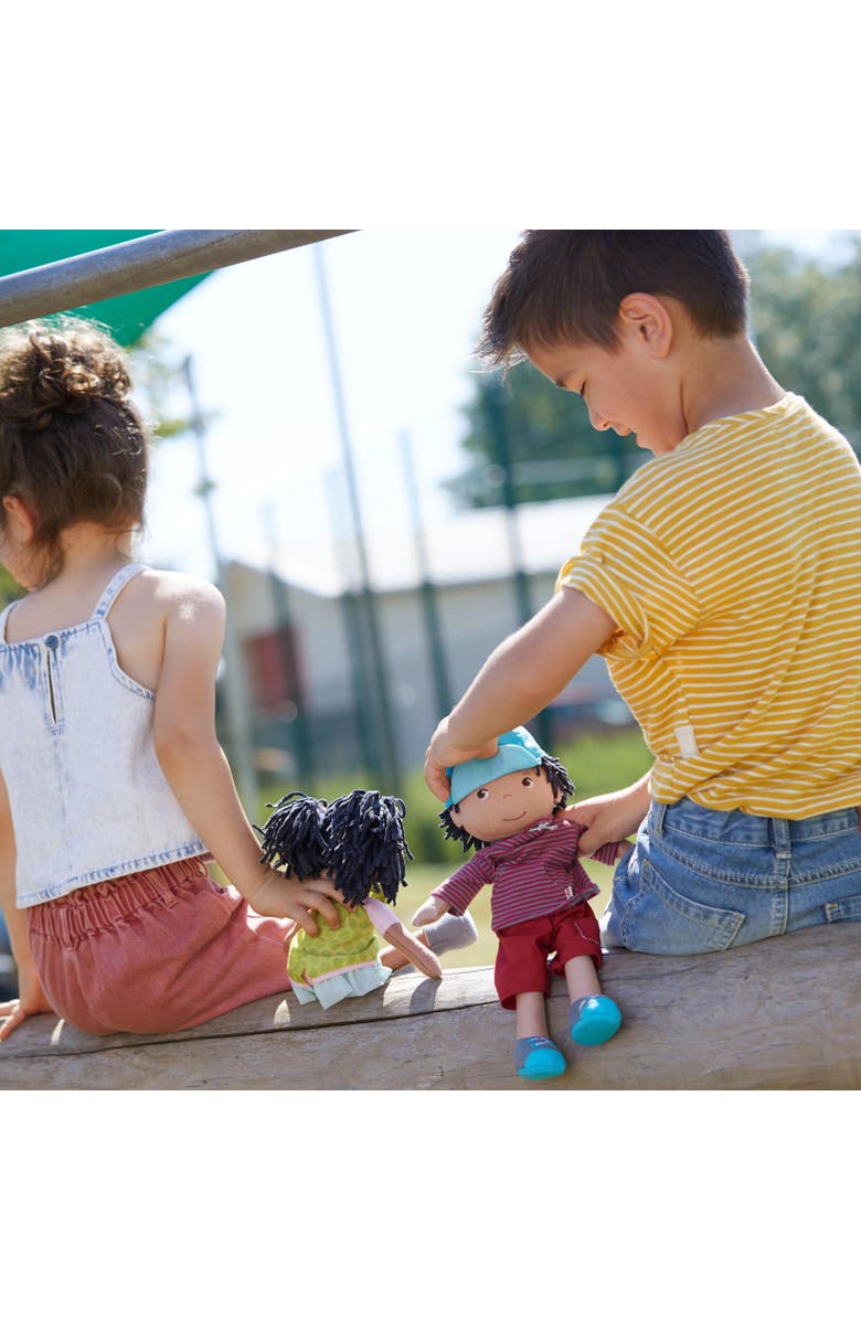 HABA William 12" Soft Doll - Black Baby Boy Doll (Machine Washable) Perfect Plush Toy for 18 Months & Up with Removable Clothing and Embroidered Face, Alternate, color, Red Multi