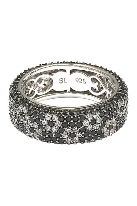 Sterling Silver Black & White Cubic Zirconia Flower Eternity Ring