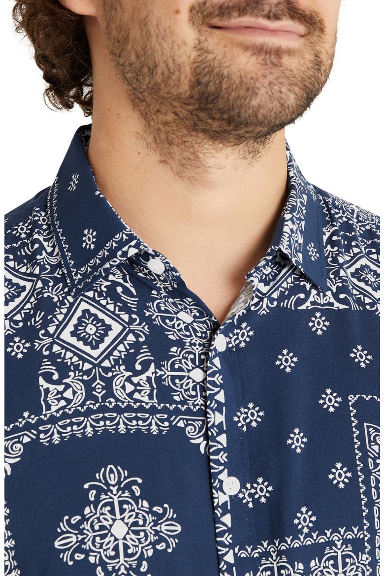 Bandana Print Short Sleeve Button-Up Shirt, Alternate, color, MARINE