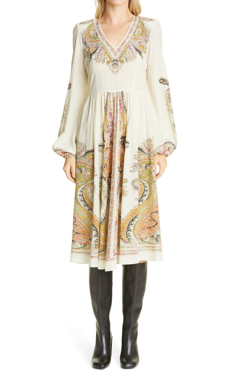 Etro V-Neck Long Sleeve Silk Midi Dress, Main, color,