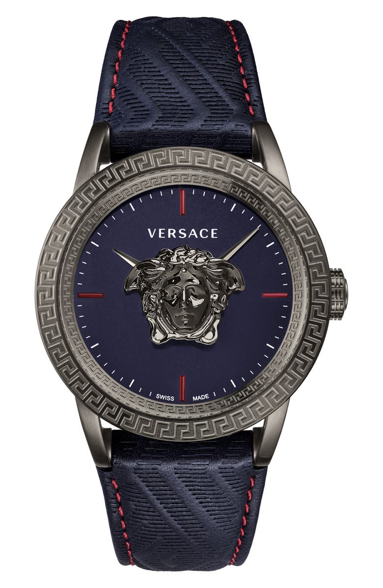 Versace Palazzo Empire Leather Strap Watch, 34mm, Main, color,
