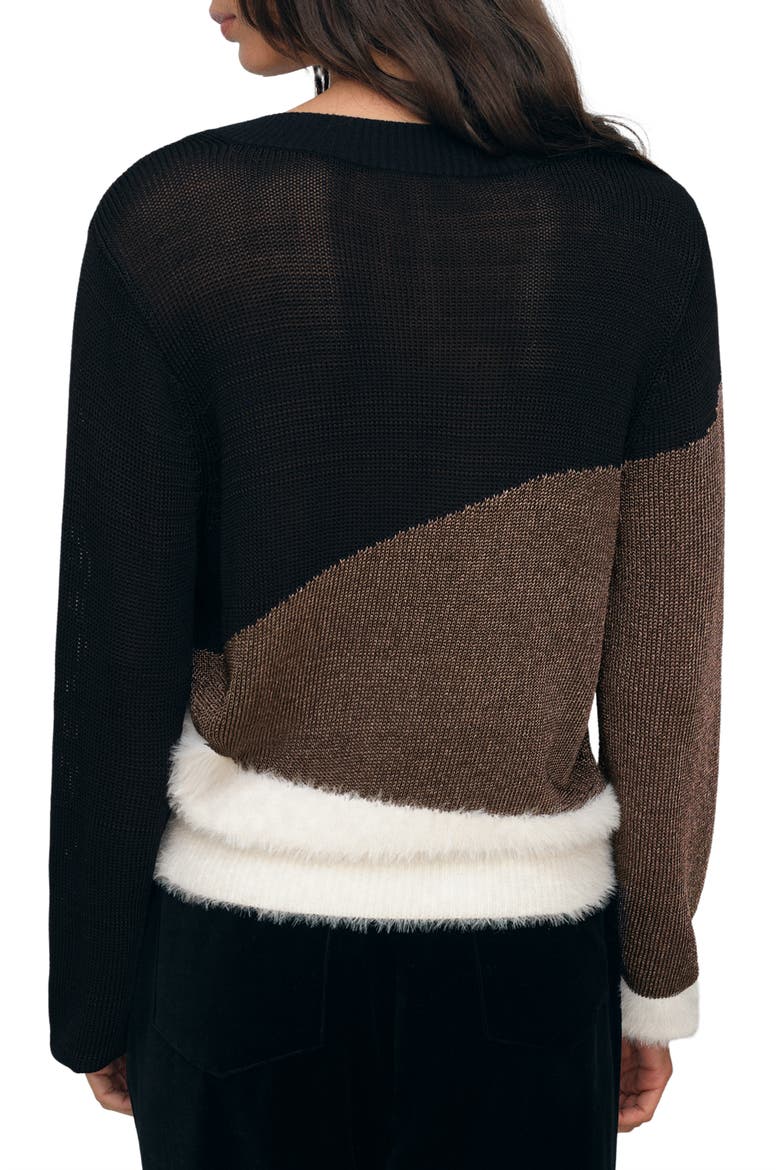 Harley Metallic Colorblock V Neck Sweater, Alternate, color, BLACK/ WHITE/ MET