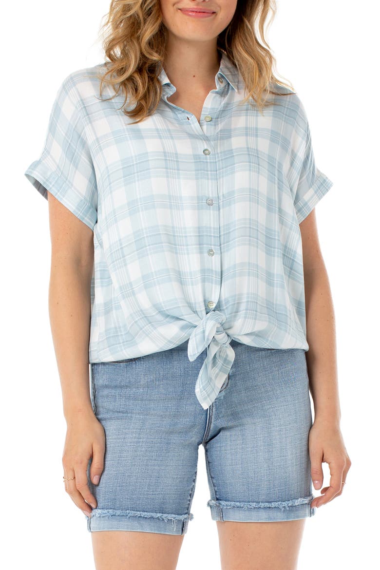 Plaid Tie Front Short Sleeve Button-Up Shirt, Main, color, BLUE/ WHITE PLAID