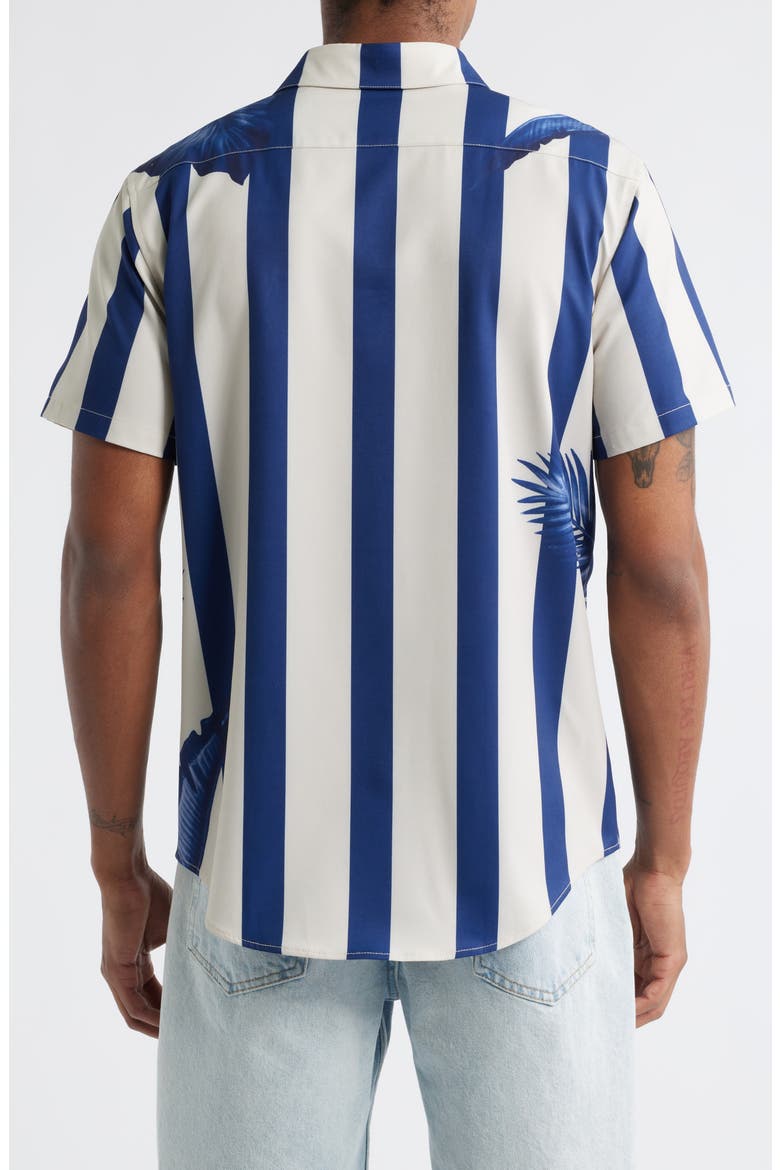 Stripe Palm Frond Short Sleeve Performance Button-Up Shirt, Alternate, color, BLUE