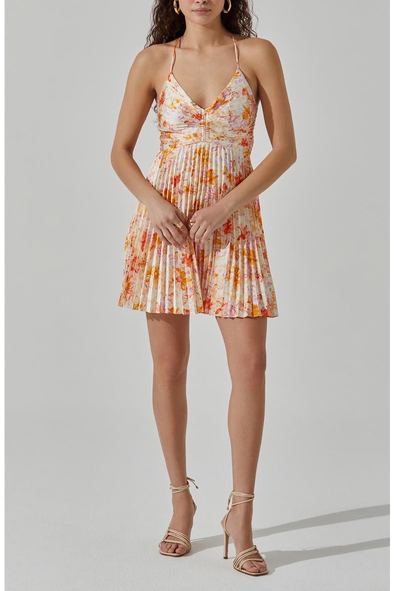 Pleated Tie Back Dress, Alternate, color, CREAM ORANGE FLORAL