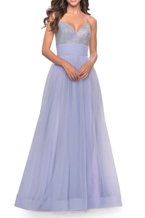 Tulle Gown with Full Skirt and Rhinestone Bodice in Bright Colors