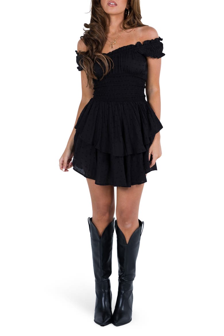 The Love Galore Off The Shoulder Romper, Main, color, BLACK