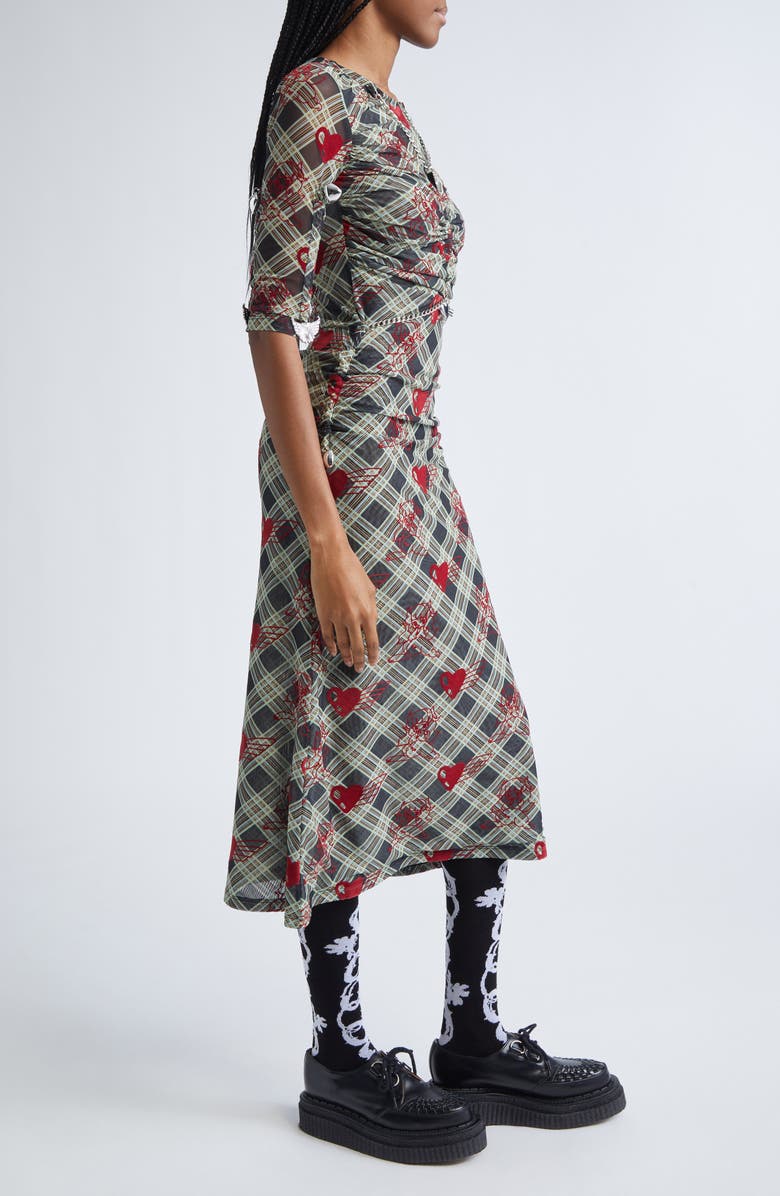 Chopova Lowena Sonicscape Bunny Plaid Flocked Mesh Dress, Alternate, color, Green Multi