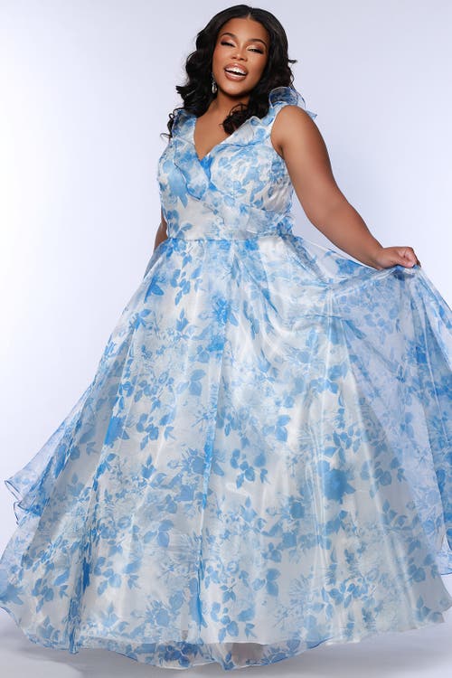 Sydney's Closet Bra-friendly A-line Plus Size Floral Gown In Blue Floral