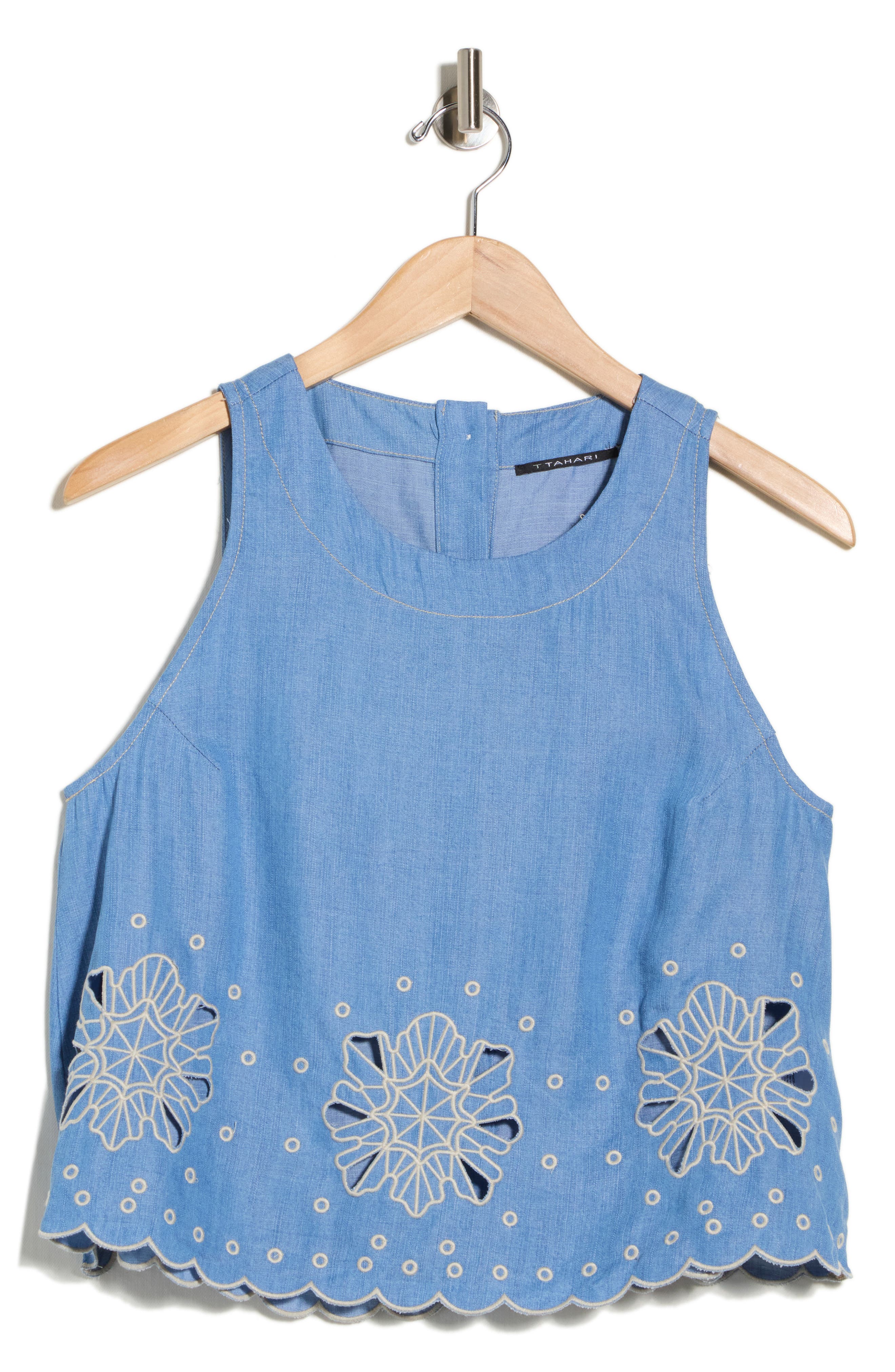 T Tahari Eyelet Embroidered Chambray Shell
