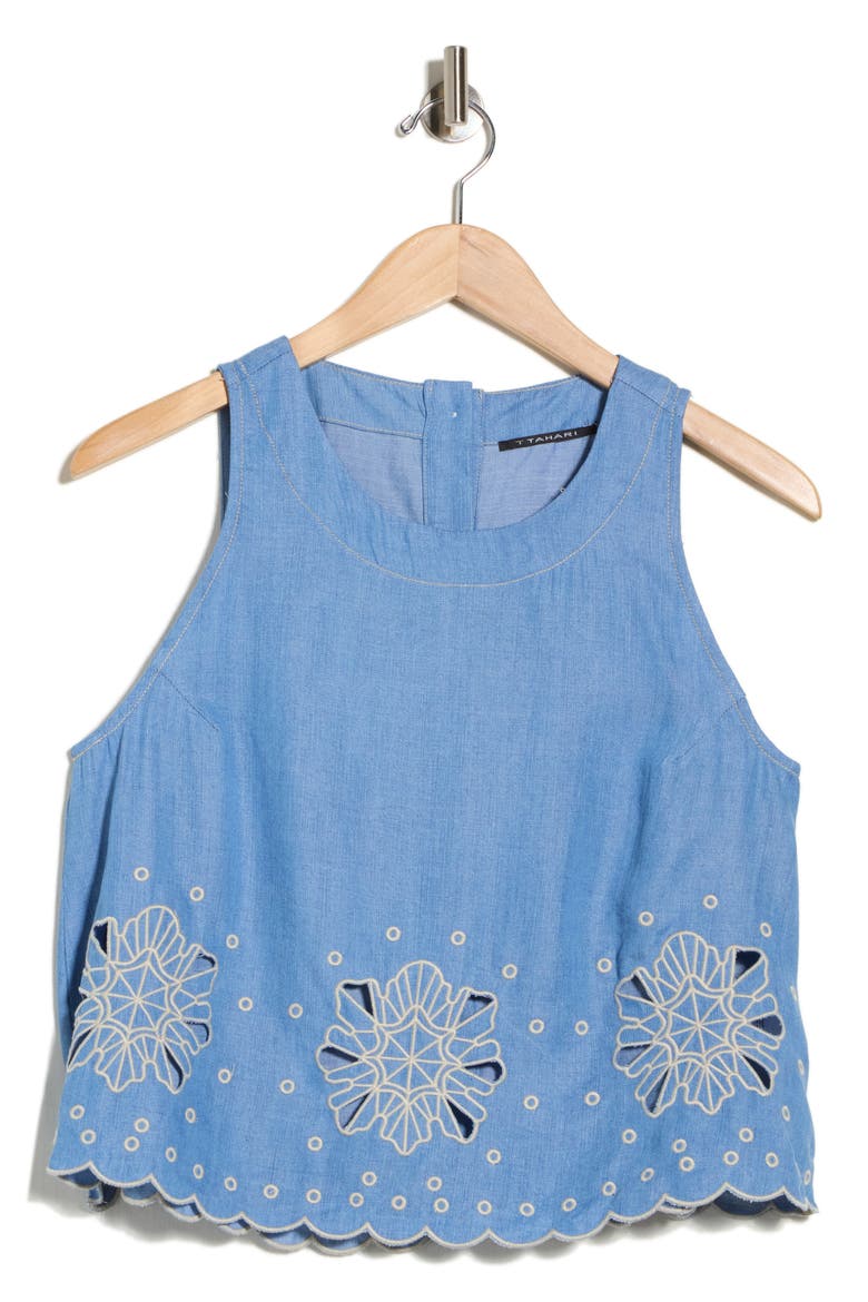 Eyelet Embroidered Chambray Shell, Alternate, color, WASHED DENIM/ CREAM