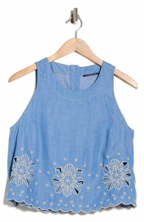 T Tahari Eyelet Embroidered Chambray Shell