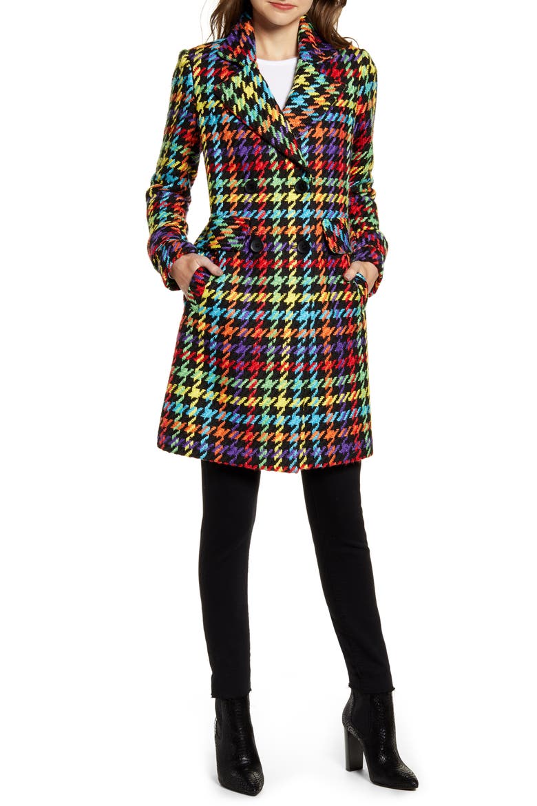 Double Breasted Pop Plaid Reefer Coat, Main, color, BLK POP PLAID
