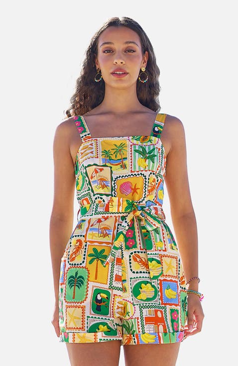Cotton Postcard Print Playsuit