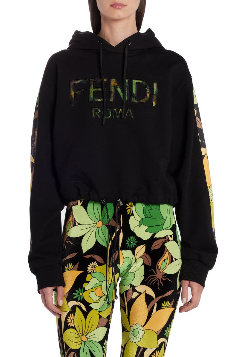 Fendi Floral Logo Crop Drawstring Hoodie, Main, color, 