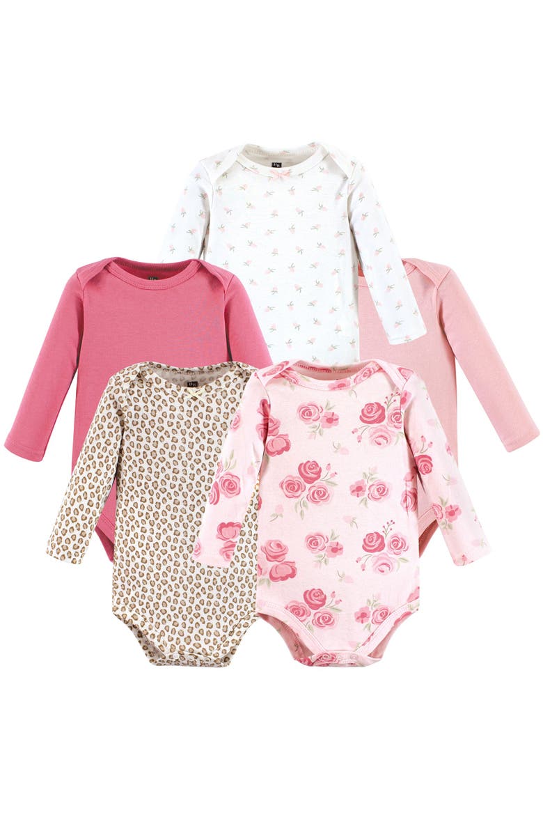 Soft Cotton Long-Sleeve Bodysuits, Main, color, Blush Rose Leopard 5-Pack