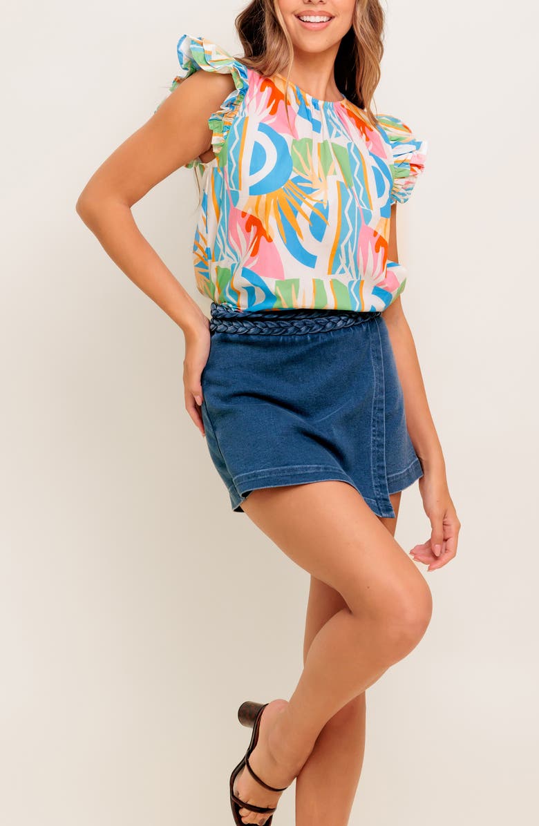 FLYING TOMATO Printed Ruffle Sleeve Top, Alternate, color, Off White Blue
