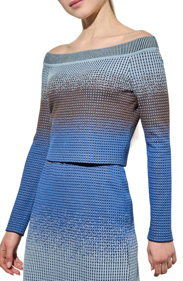 Ming Wang Ombré Off the Shoulder Crop Sweater, Alternate, color, Gentian Blue/Dark Umber
