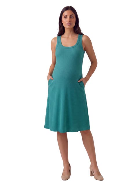 Maternity Essential Ribbed Knit Sleeveless Scoop Neck Pocket A-Line Midi Dress