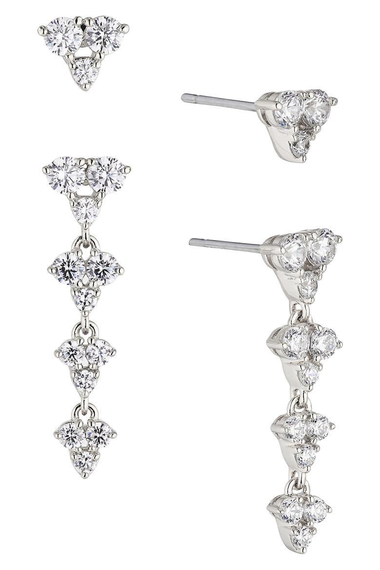 Pave the Way Set of 2 Crystal Stud & Linear Drop Earrings, Main, color, RHODIUM