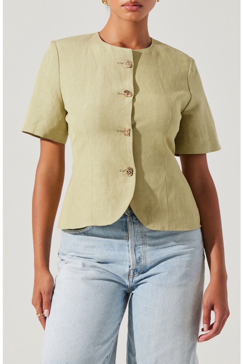 Saige Mixed Button Short Sleeve Linen Blend Jacket, Main, color, MATCHA