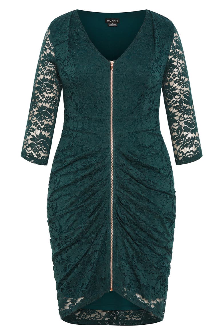 Aleena Exposed Zip Front Lace Cocktail Dress, Alternate, color, EMERALD