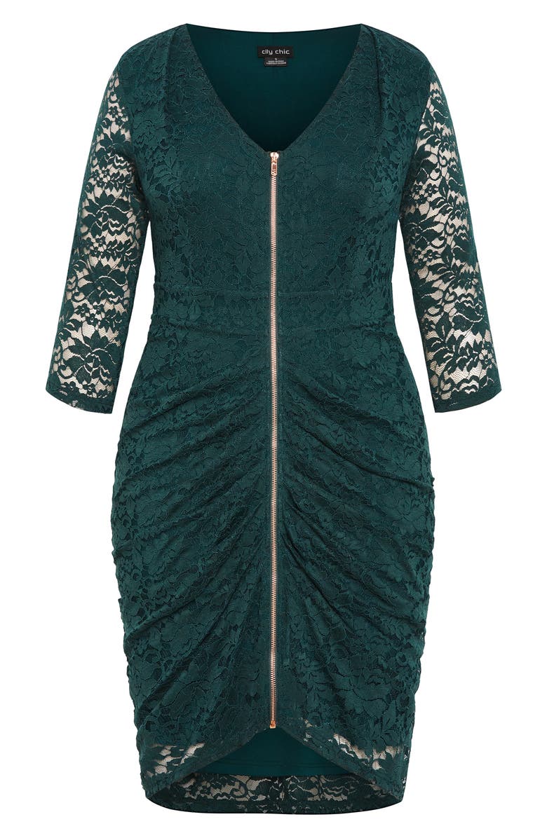 City Chic Aleena Exposed Zip Front Lace Cocktail Dress, Main, color, Emerald