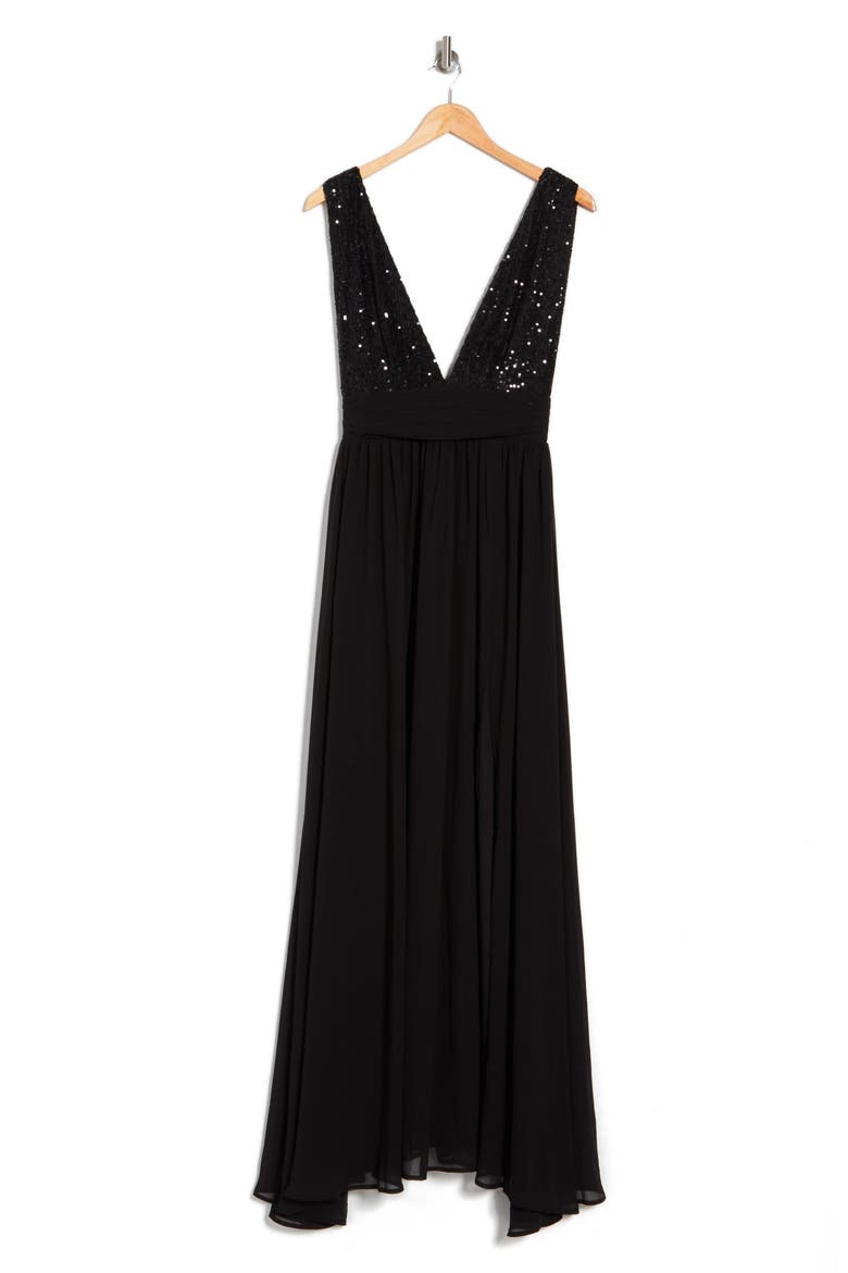 Daphne Sequin Top V-Plunge Maxi Dress, Alternate, color, BLACK