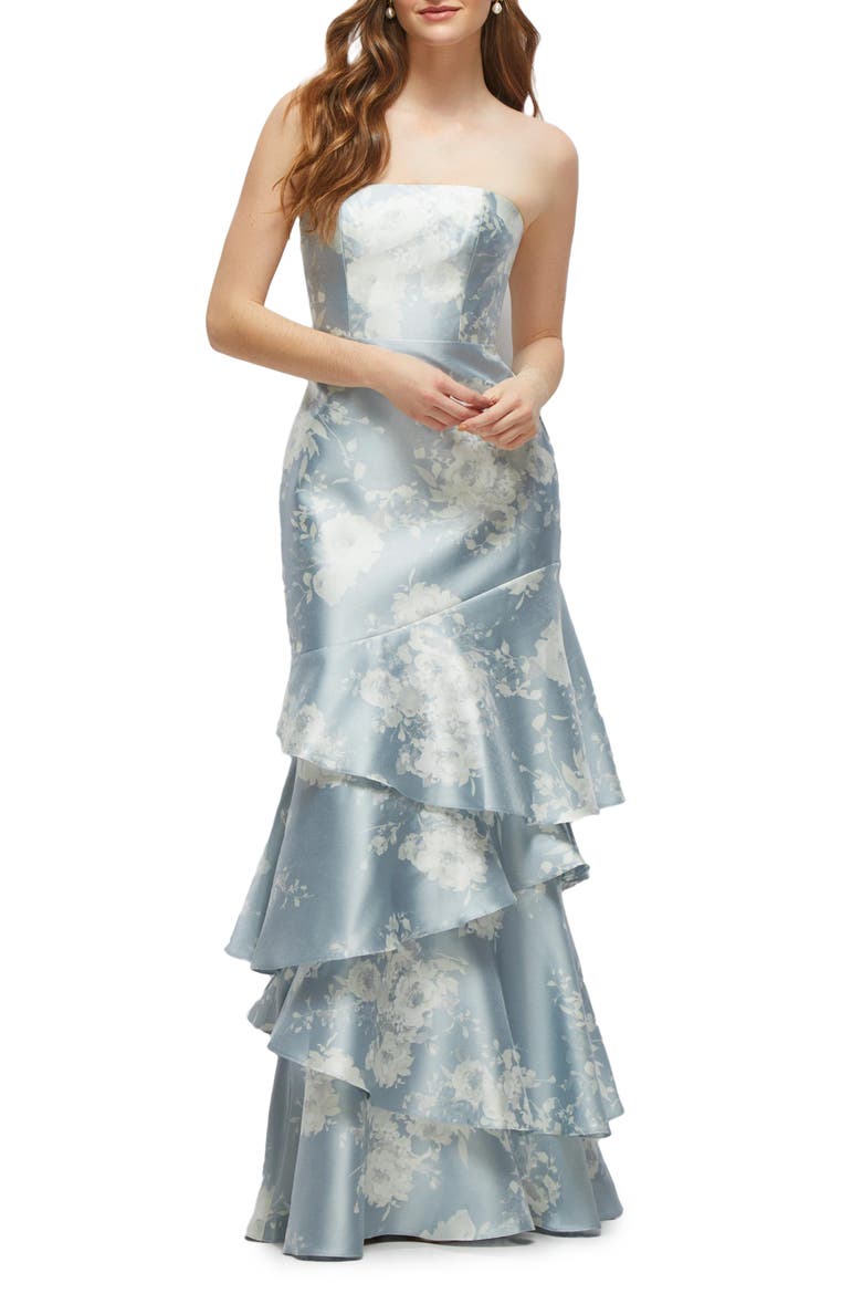 Floral Ruffle Strapless Tiered Satin Twill Gown, Main, color, SERAPHINA FLORAL