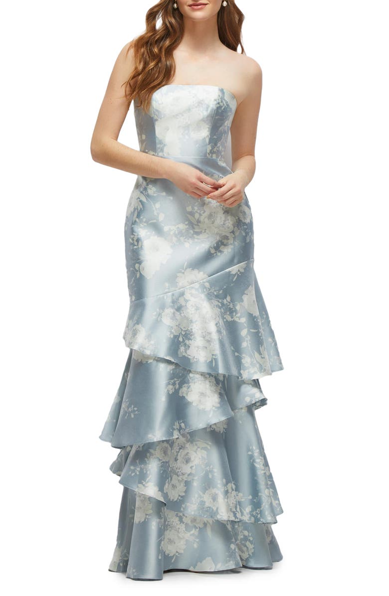 Dessy Collection Floral Ruffle Strapless Tiered Satin Twill Gown, Main, color, Seraphina Floral