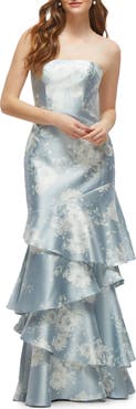 Dessy Collection Floral Ruffle Strapless Tiered Satin Twill Gown