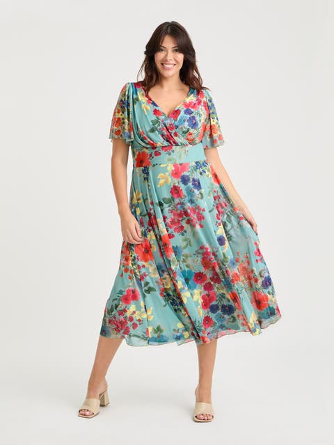 Victoria Floral Angel Sleeve Midi Dress