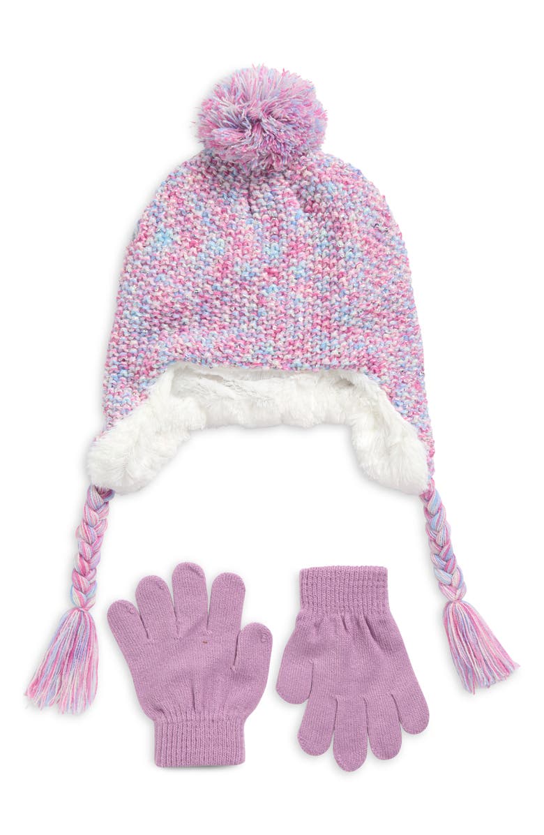 Capelli New York Space Dyed Earflap Hat & Gloves Set, Main, color, Multi Purple