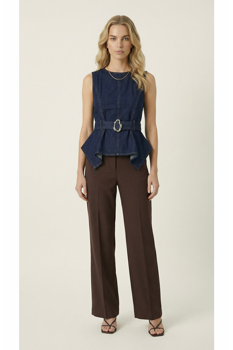 Belted Denim Peplum Top, Alternate, color, Navy