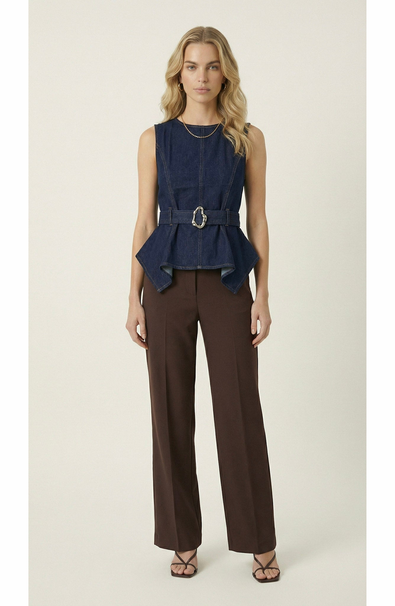 Modenaire Belted Denim Peplum Top, Alternate, color, Navy