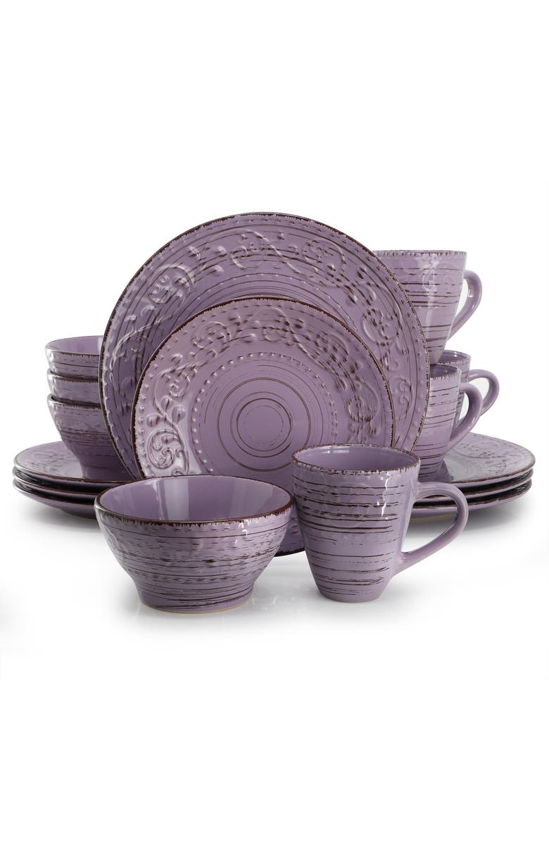 Elama Malibu Mica 16-Piece Stoneware Dinnerware Set, Main, color, Purple