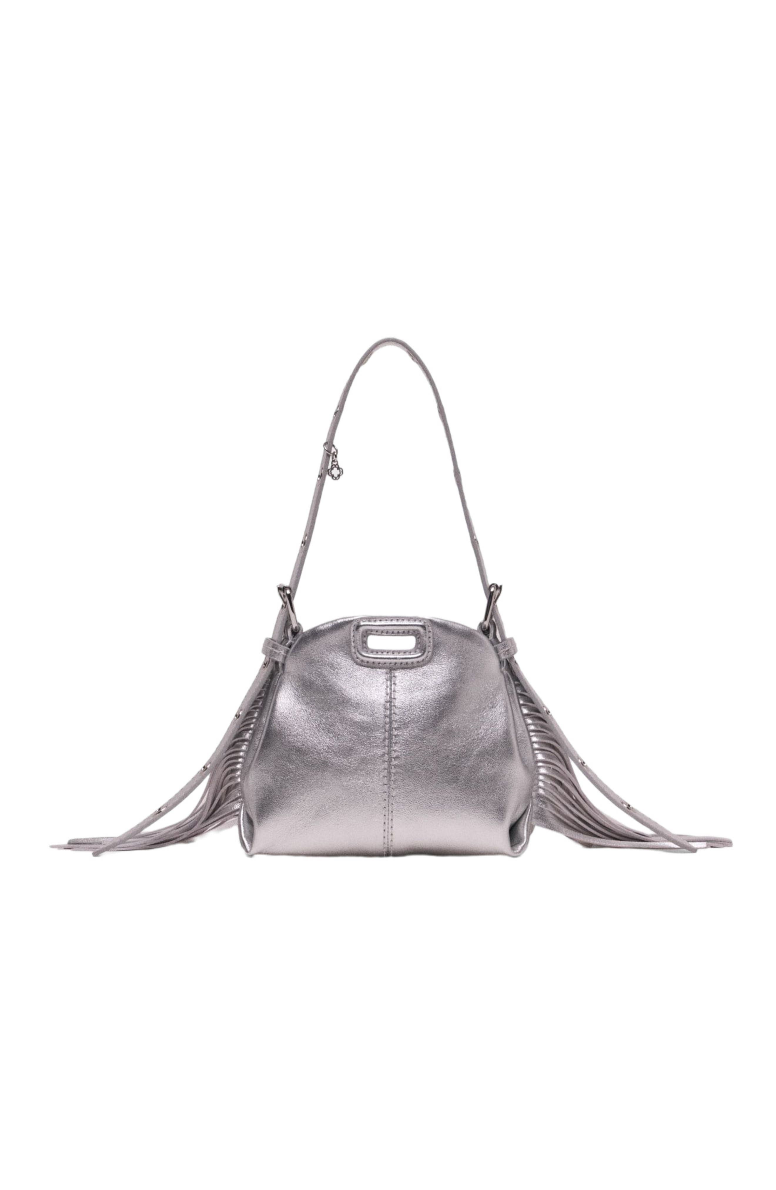 maje Metallic leather Miss M micro bag, Main, color, Silver