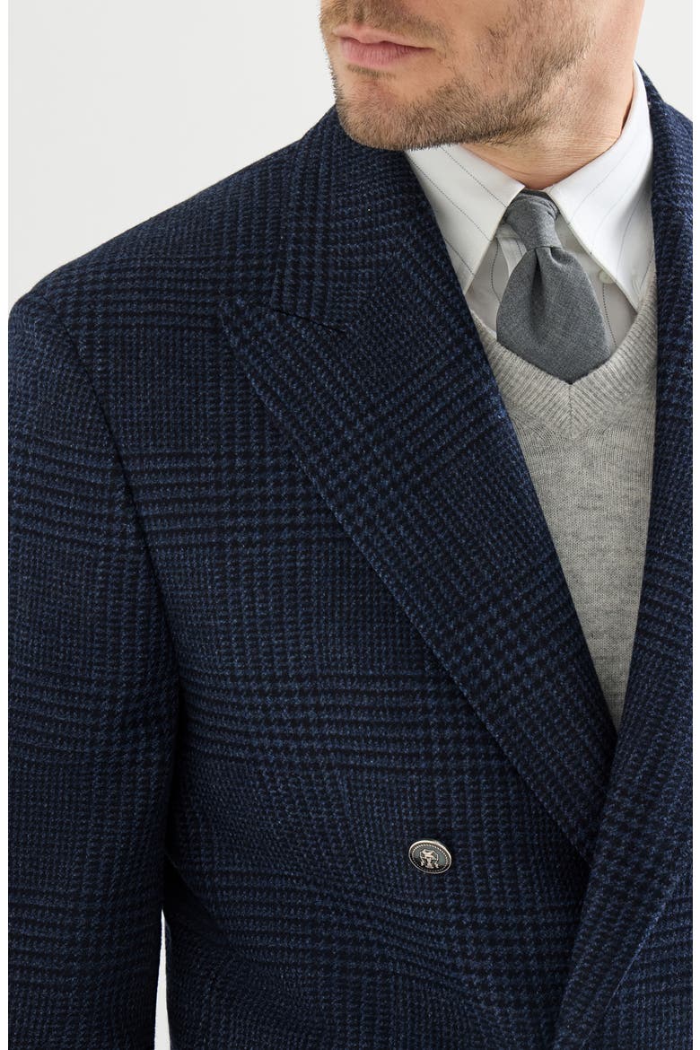 Comfort wool and cashmere Prince of Wales flannel one-and-a-half breasted Tailor blazer with metal buttons, Alternate, color, Blue