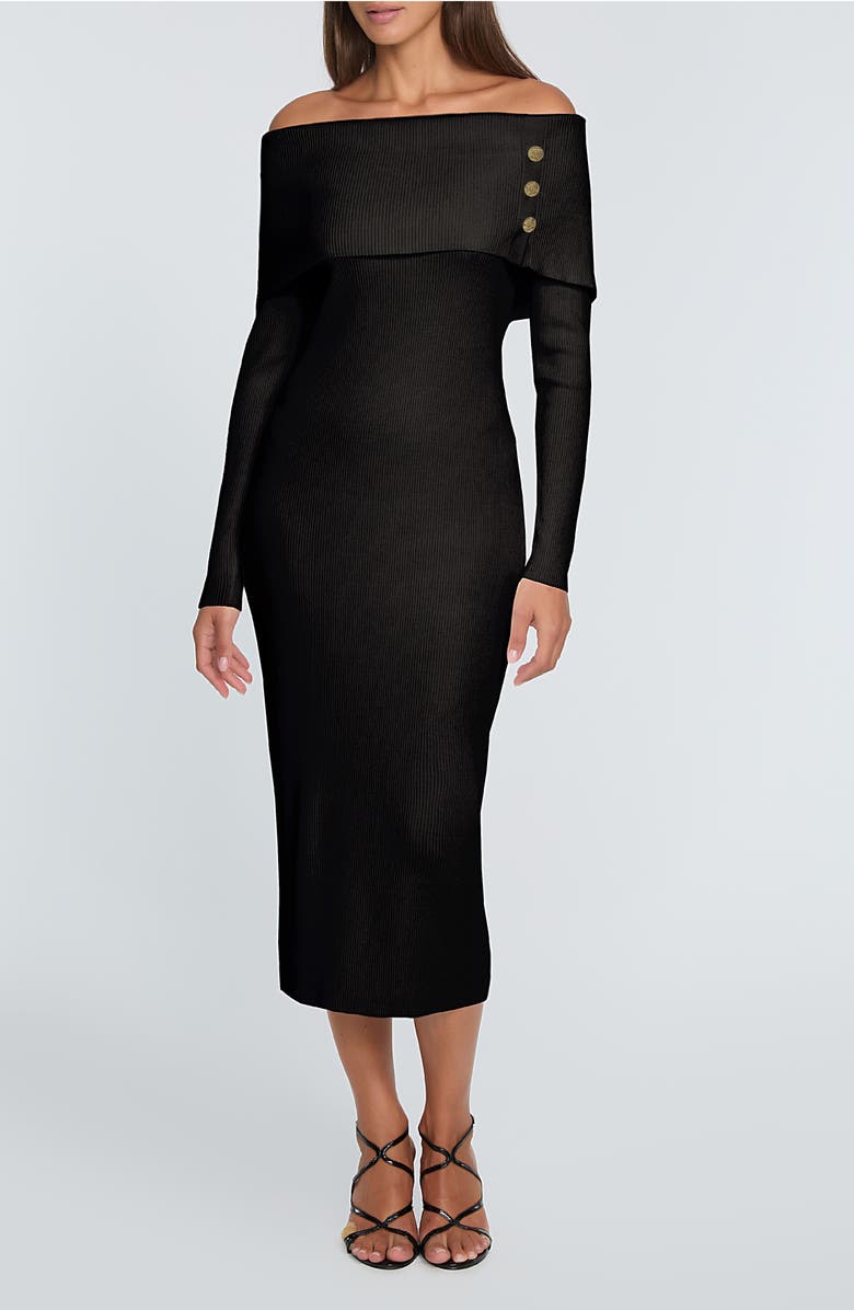 Elie Tahari The Imani Off the Shoulder Long Sleeve Midi Sweater Dress, Main, color, Noir