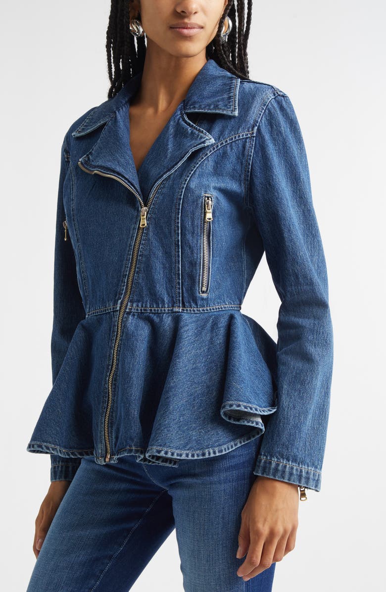 L'AGENCE Moxie Denim Peplum Biker Jacket, Alternate, color, Norton